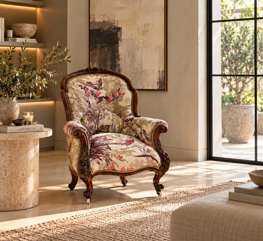 An antique Victorian carved rosewood armchair featuring floral and bird pattern upholstery with cabriole legs on castors. View II