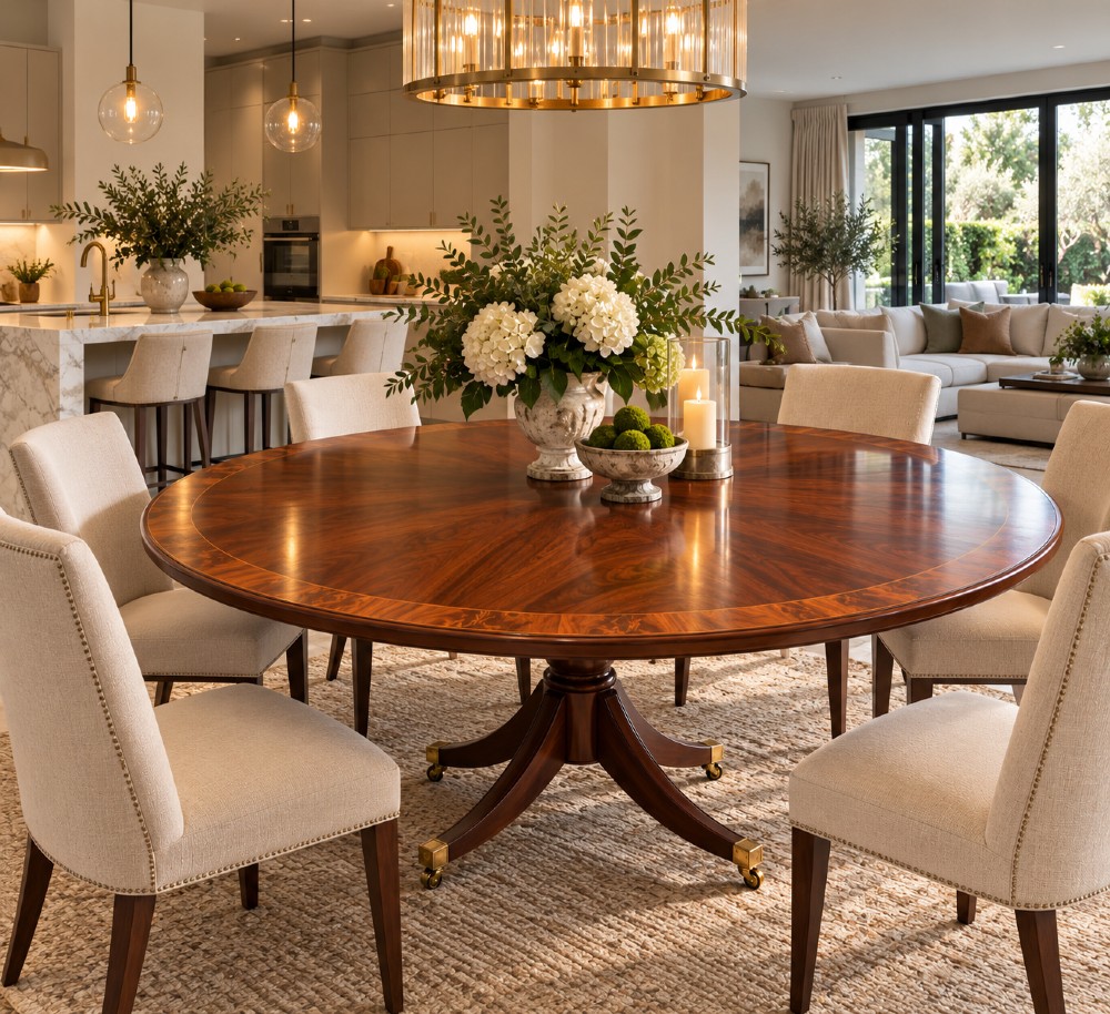 A circular mahogany dining table with a crossbanded edge tilted vertically on a central pedestal base with splayed legs and brass castors. View II