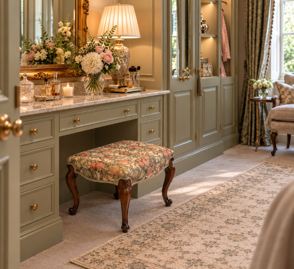 A low rectangular Victorian footstool featuring carved walnut cabriole legs and a padded seat upholstered in a botanical tapestry fabric depicting fruit and foliage. View II