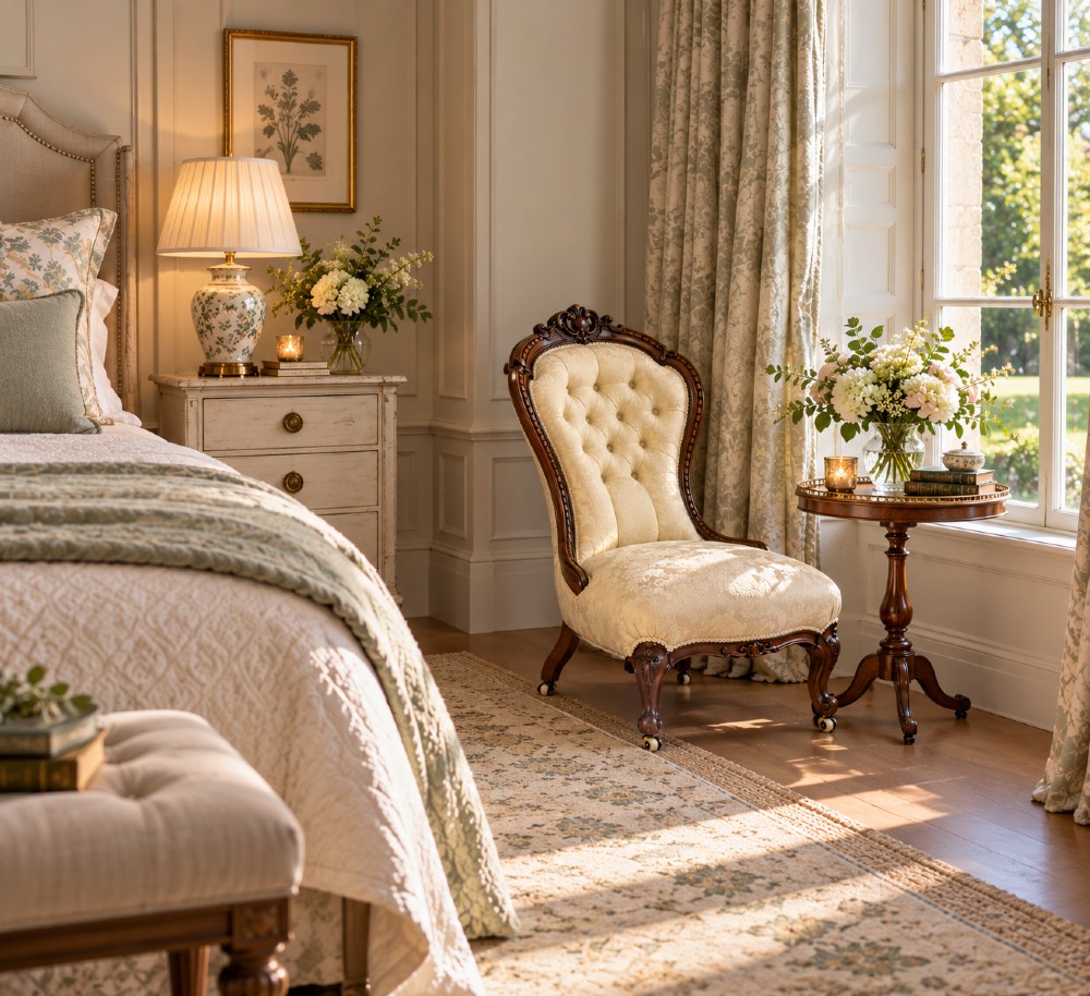 A Victorian carved walnut slipper chair featuring a button-tufted cream damask spoon-shaped backrest and cabriole front legs. View II
