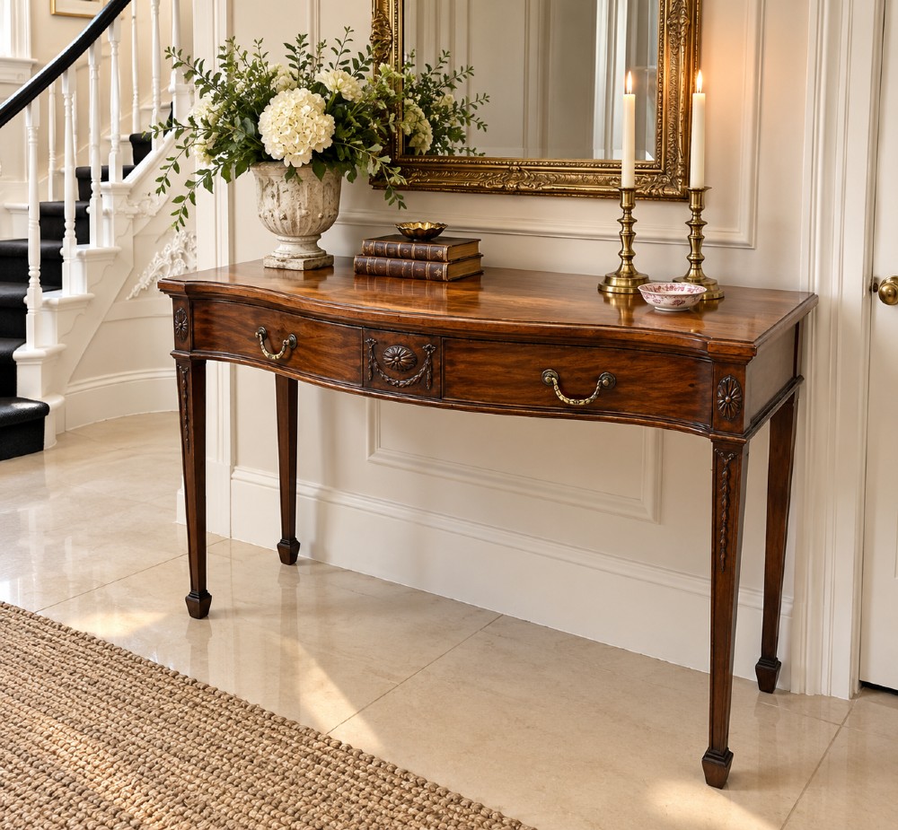 An Edwardian mahogany console table featuring a serpentine front, carved central motif, brass handles, and square tapered legs. View III
