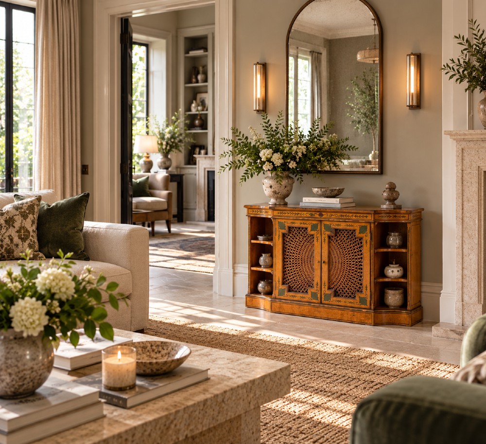 A Sheraton Revival satinwood side cabinet featuring painted leaf borders, central doors with fan-shaped woven cane panels, and open curved side shelves. View II