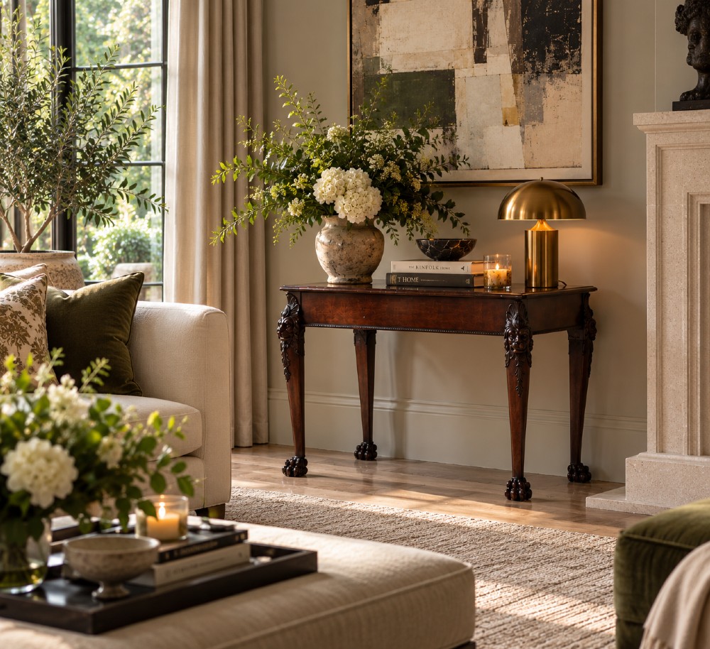 A George III mahogany centre table featuring a rectangular flat top, deep apron, and four carved legs ending in claw and ball feet. View II