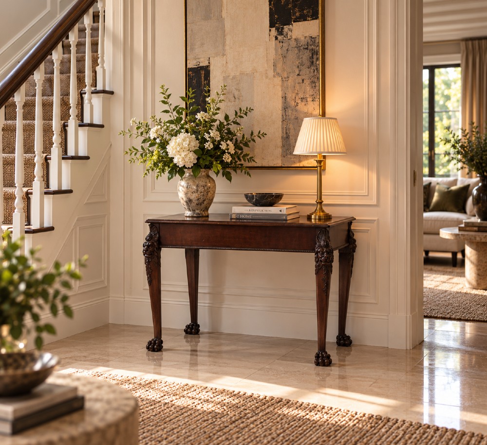 A George III mahogany centre table featuring a rectangular flat top, deep apron, and four carved legs ending in claw and ball feet. View III