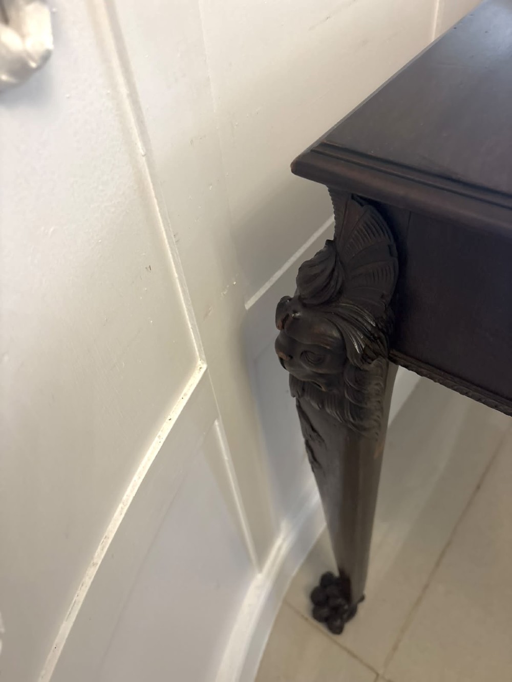 A George III mahogany centre table featuring a rectangular flat top, deep apron, and four carved legs ending in claw and ball feet. View VI
