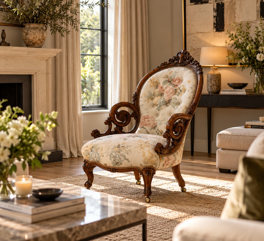 A Victorian walnut armchair featuring floral button-tufted upholstery, carved open scroll arms, and front legs set on brass castors. View II