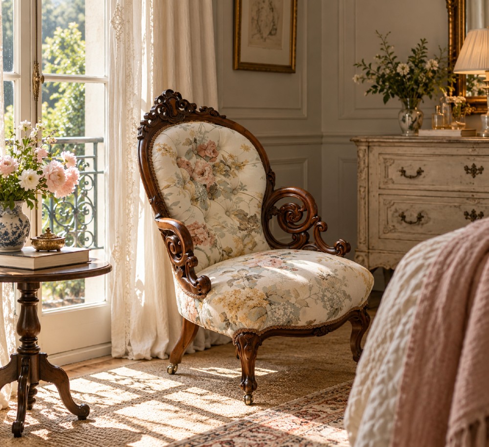 A Victorian walnut armchair featuring floral button-tufted upholstery, carved open scroll arms, and front legs set on brass castors. View III