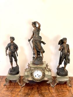 ANTIQUE 19TH CENTURY FRENCH SPELTER AND ONYX THREE PIECE CLOCK GARNITURE