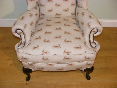 AN EDWARDIAN RECENTLY REUPHOLSTERED WINGBACK ARMCHAIR - ADDITIONAL PHOTO 2