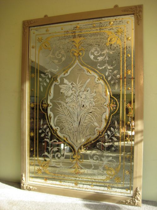 PAIR VICTORIAN CUT AND ETCHED GLASS PUB MIRRORS - ADDITIONAL PHOTO 2