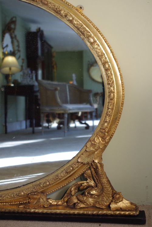 ENGLISH GILT OVAL DOLPHIN OVERMANTLE MIRROR - ADDITIONAL PHOTO 2