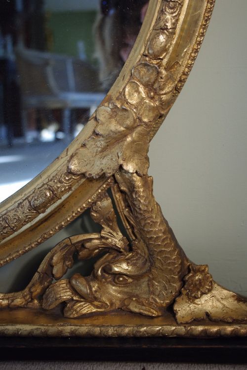 ENGLISH GILT OVAL DOLPHIN OVERMANTLE MIRROR - ADDITIONAL PHOTO 3