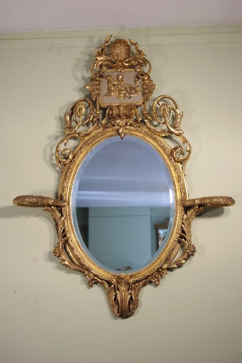 19th century english gilt oval wall mirror with brackets - CATEGORY: ANTIQUE MIRRORS - DATED 1860
