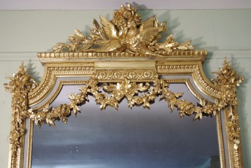 19TH CENTURY FRENCH LOIUS XVI STYLE PAINTED AND PARCELGILT LARGE OVERMANTLEWALL MIRROR - ADDITIONAL PHOTO 1