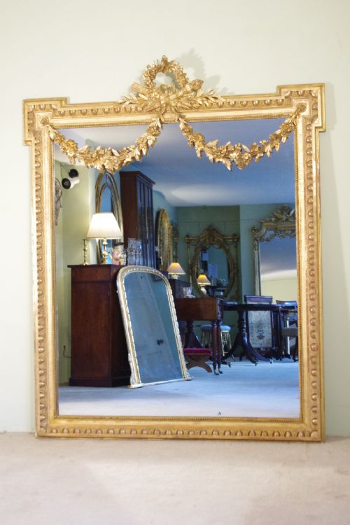 french gilt louis xvi style large overmantlewall mirror - CATEGORY: ANTIQUE MIRRORS - DATED 1880