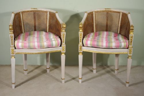 pair french louis xvi style paintedgilt cane tubboudoir chairs - CATEGORY: ANTIQUE CHAIRS - DATED 1900