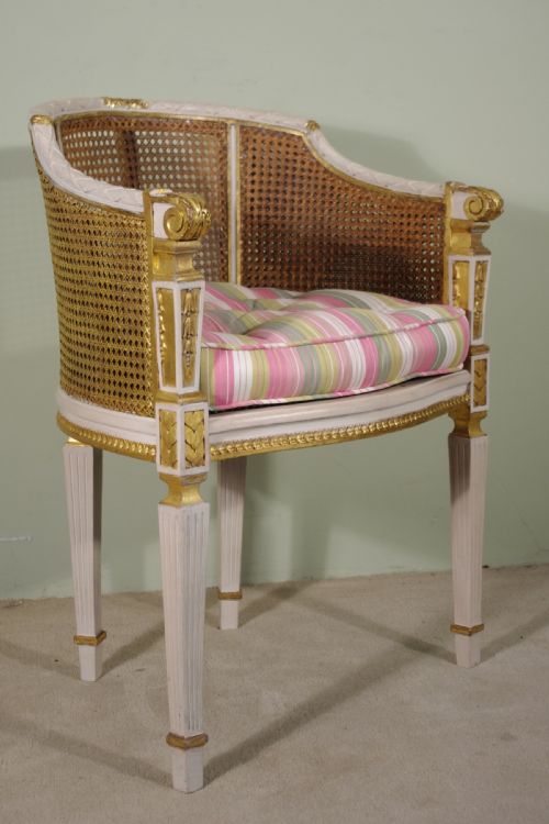 PAIR FRENCH LOUIS XVI STYLE PAINTEDGILT CANE TUBBOUDOIR CHAIRS - ADDITIONAL PHOTO 1
