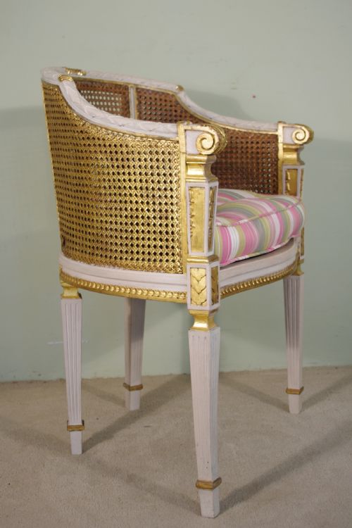 PAIR FRENCH LOUIS XVI STYLE PAINTEDGILT CANE TUBBOUDOIR CHAIRS - ADDITIONAL PHOTO 2