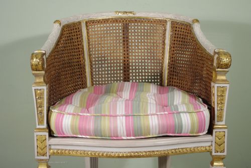 PAIR FRENCH LOUIS XVI STYLE PAINTEDGILT CANE TUBBOUDOIR CHAIRS - ADDITIONAL PHOTO 3