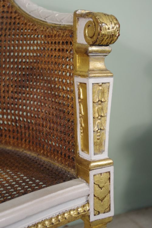 PAIR FRENCH LOUIS XVI STYLE PAINTEDGILT CANE TUBBOUDOIR CHAIRS - ADDITIONAL PHOTO 4