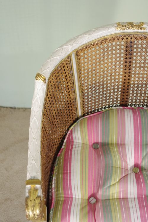 PAIR FRENCH LOUIS XVI STYLE PAINTEDGILT CANE TUBBOUDOIR CHAIRS - ADDITIONAL PHOTO 5