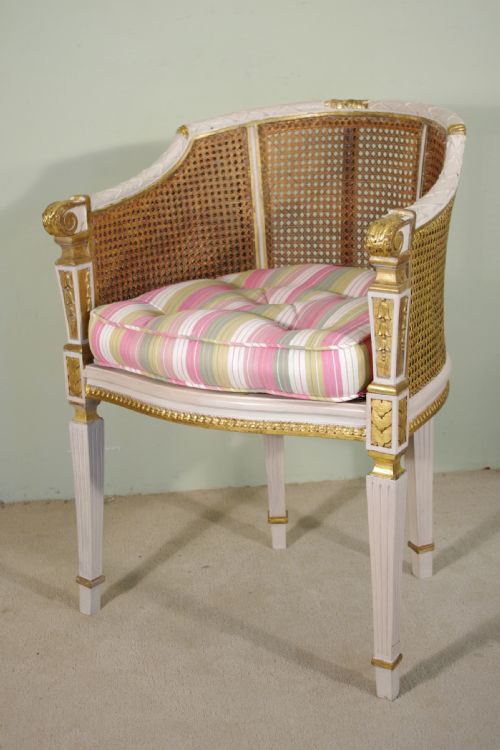 PAIR FRENCH LOUIS XVI STYLE PAINTEDGILT CANE TUBBOUDOIR CHAIRS - ADDITIONAL PHOTO 6