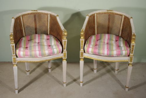 PAIR FRENCH LOUIS XVI STYLE PAINTEDGILT CANE TUBBOUDOIR CHAIRS - ADDITIONAL PHOTO 7