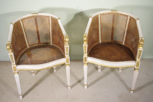 PAIR FRENCH LOUIS XVI STYLE PAINTEDGILT CANE TUBBOUDOIR CHAIRS - ADDITIONAL PHOTO 8