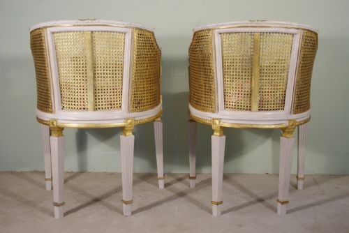 PAIR FRENCH LOUIS XVI STYLE PAINTEDGILT CANE TUBBOUDOIR CHAIRS - ADDITIONAL PHOTO 10