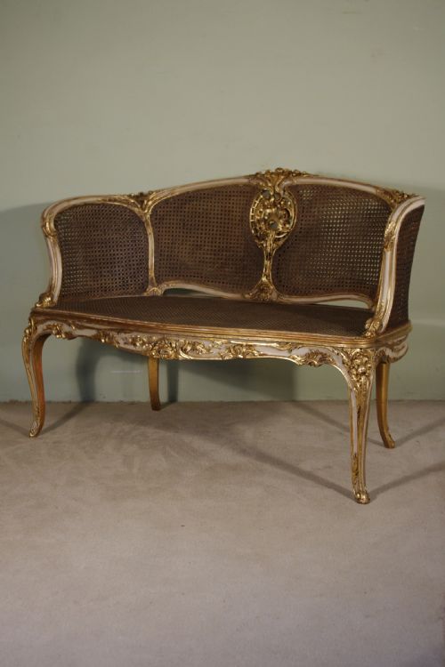 19th Century French Louis Xv Style Painted/gilt Cane Sofa