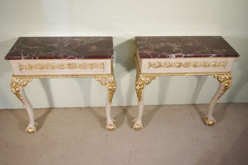 PAIR PAINTED AND PARCELGILT MARBLE TOP CONSOLE TABLES - ADDITIONAL PHOTO 1