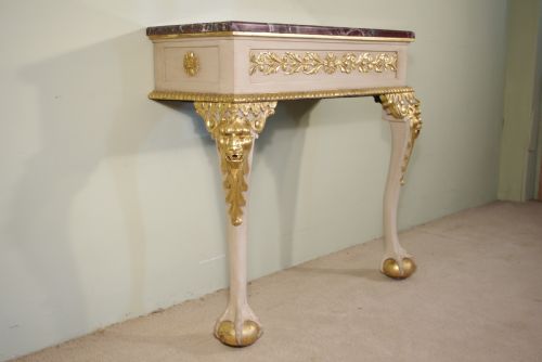 PAIR PAINTED AND PARCELGILT MARBLE TOP CONSOLE TABLES - ADDITIONAL PHOTO 3