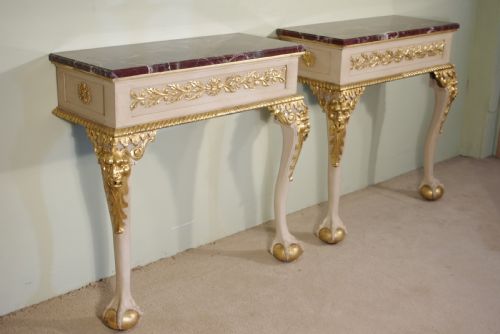 PAIR PAINTED AND PARCELGILT MARBLE TOP CONSOLE TABLES - ADDITIONAL PHOTO 4