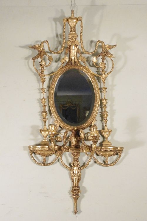GILT ADAM STYLE GIRANDOLE WALL MIRROR WITH CANDLE SCONCES - ADDITIONAL PHOTO 14