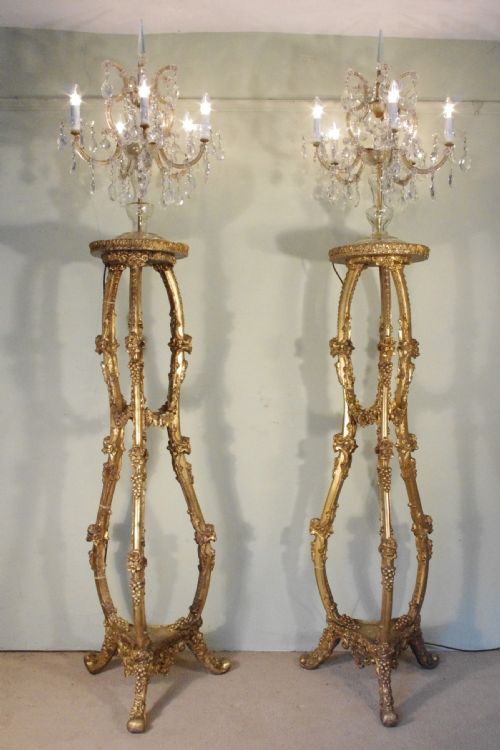 stunning pair of crystal candelabra lights on gilt torcheres - CATEGORY: ANTIQUE LIGHTING - DATED 1880