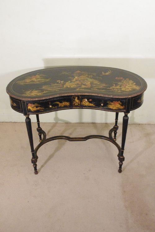 black lacquer and gilt chinoiserie kidney shaped writing dressing table desk - CATEGORY: ANTIQUE DRESSING TABLES - DATED 1920