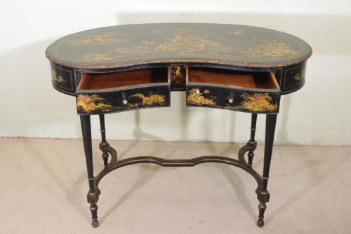 BLACK LACQUER AND GILT CHINOISERIE KIDNEY SHAPED WRITING DRESSING TABLE DESK - ADDITIONAL PHOTO 7