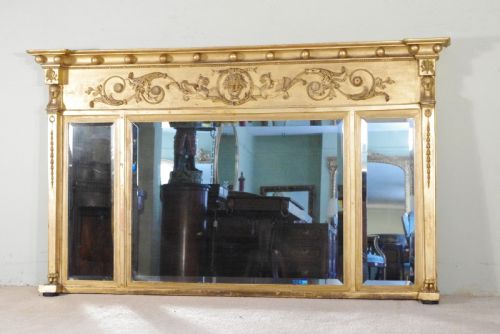 regency gilt neoclassical large triple plate overmantle mirror - CATEGORY: ANTIQUE MIRRORS - DATED REGENCY