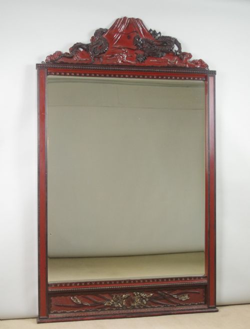large japanese lacquered hardwood overmantle mirror with carved dragon and mount fuji - CATEGORY: ANTIQUE MIRRORS - DATED 1910