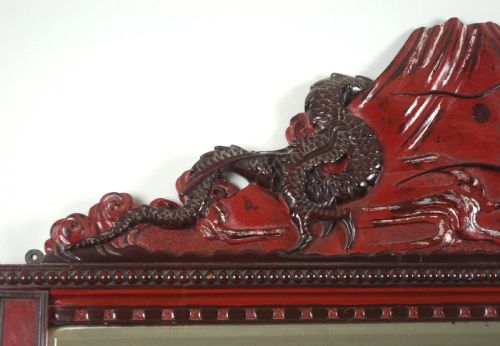 LARGE JAPANESE LACQUERED HARDWOOD OVERMANTLE MIRROR WITH CARVED DRAGON AND MOUNT FUJI - ADDITIONAL PHOTO 4