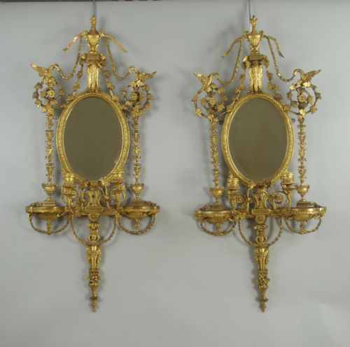 pair of victorian gilt adam style girandole wall mirrors with candle sconces - CATEGORY: ANTIQUE MIRRORS - DATED 1870