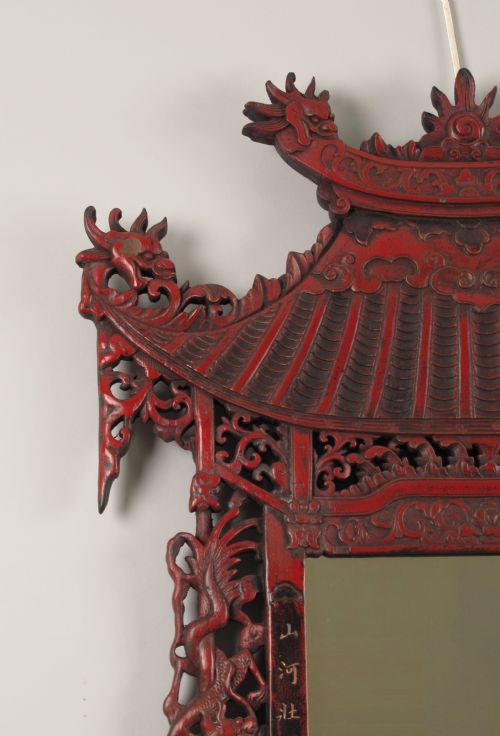 19TH CENTURY CHINESE RED LACQUER PAGODA WALL MIRROR - ADDITIONAL PHOTO 3