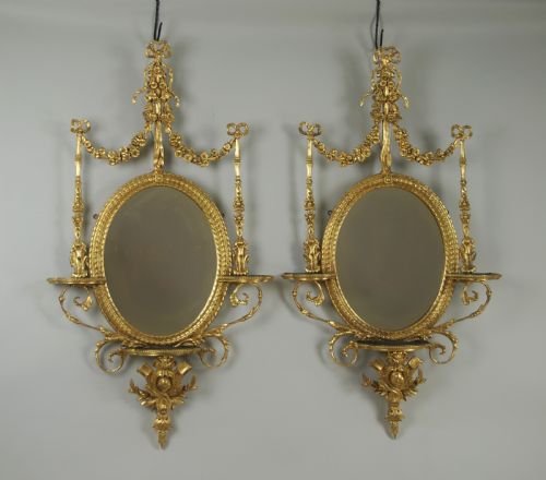 Pair of Victorian Gilt Oval Wall Mirrors with Display Brackets