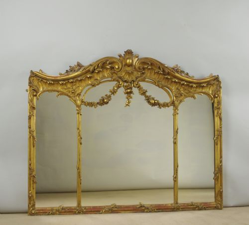 Large 19th Century Rococo Style Gilt Wood Triple Plate Overmantle Mirror