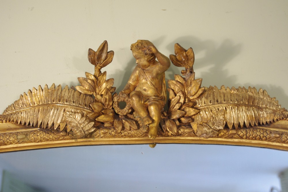 Large Gilt Arch Top Overmantle Mirror with Putto Cresting View II