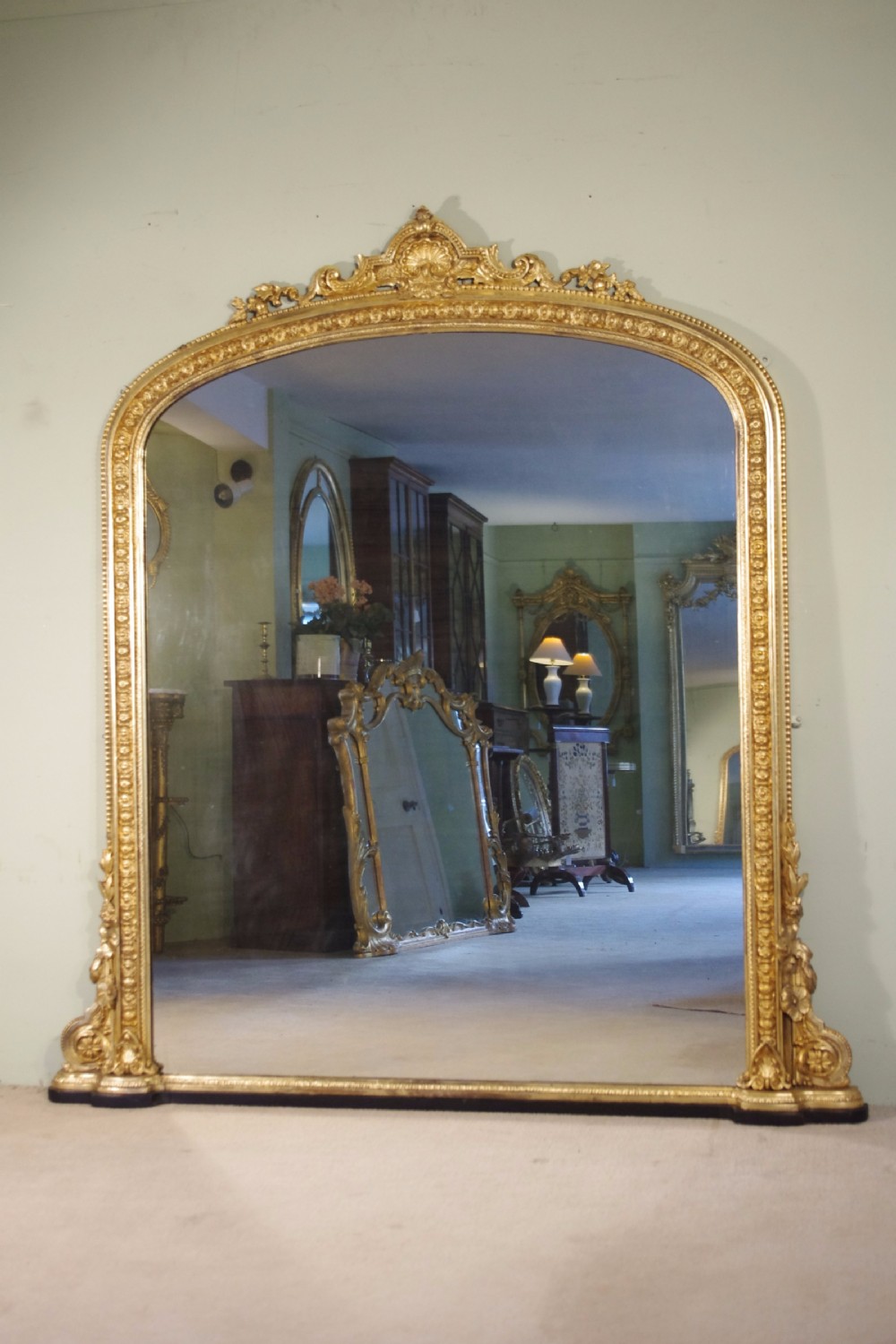 19th Century English Gilt Large Arch Top Overmantle Mirror