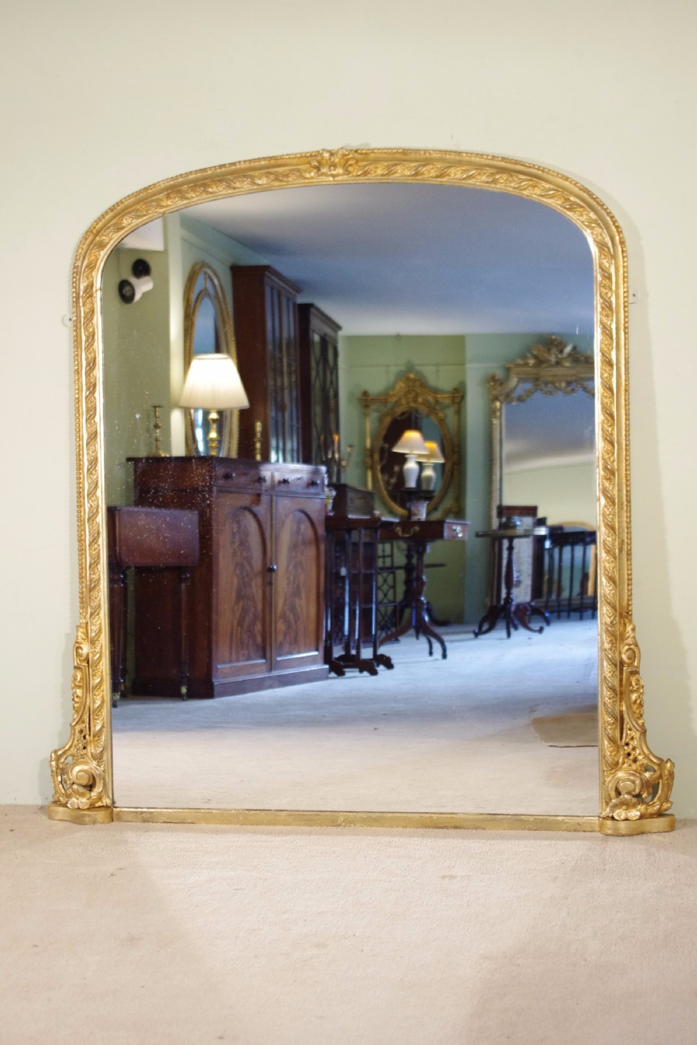 English Gilt Large Arch Top Overmantle Mirror