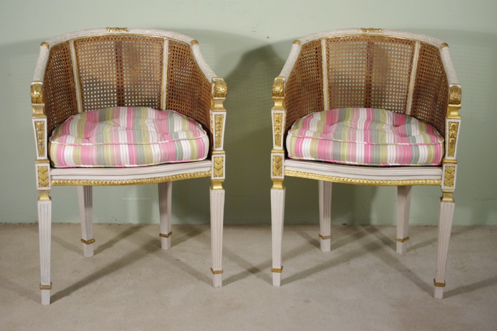 Pair French Louis XVI Style Painted/Gilt Cane Tub/Boudoir Chairs