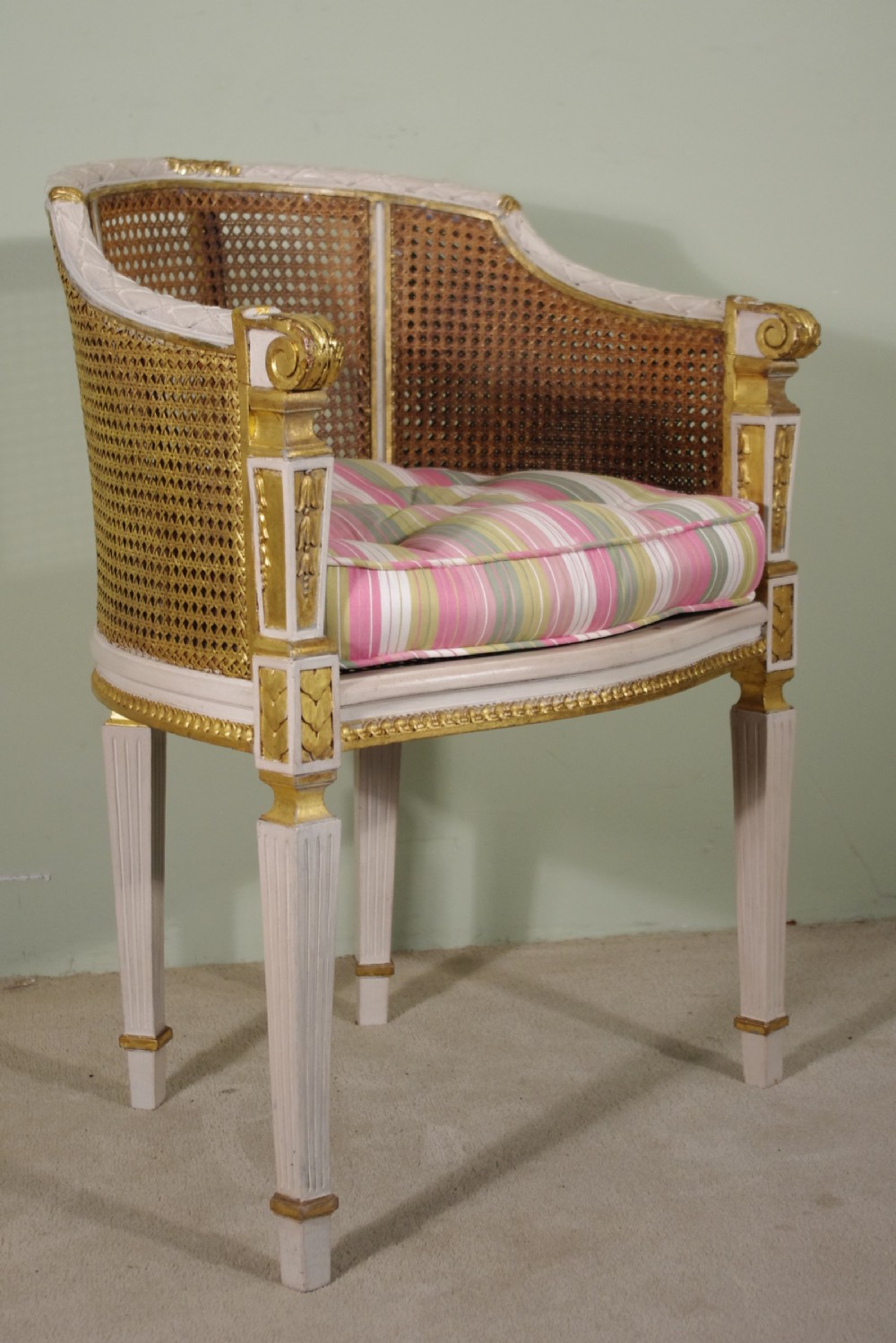 Pair French Louis XVI Style Painted/Gilt Cane Tub/Boudoir Chairs View II
