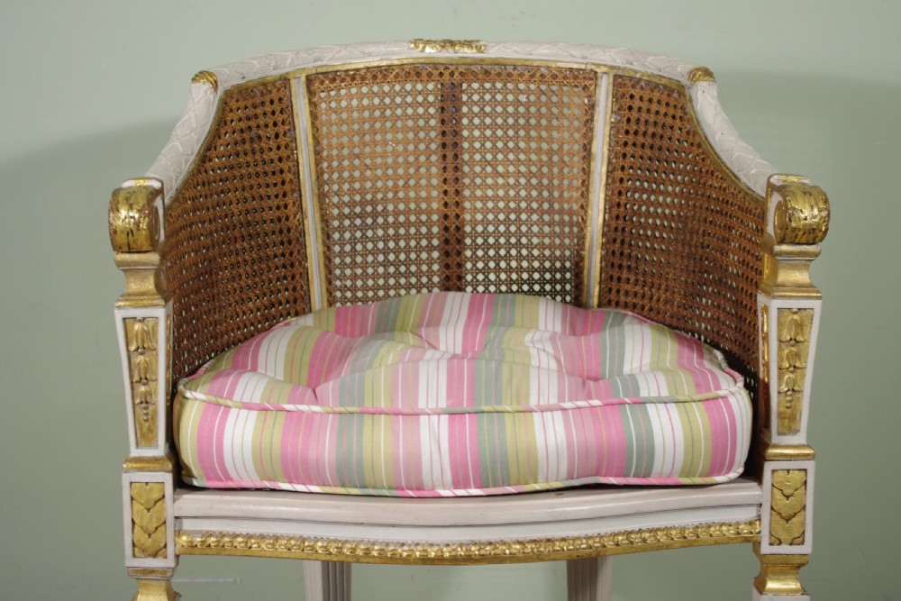 Pair French Louis XVI Style Painted/Gilt Cane Tub/Boudoir Chairs View IV